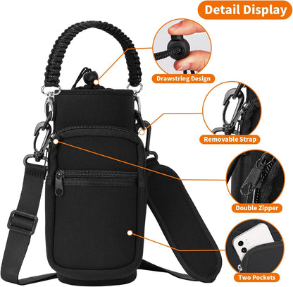 AceTreker 32/40/64/128 oz Neoprene Insulated Water Bottle Carrier Bag, Sling Bag Sleeve Pouch Holder with Strap & Paracord Handle and 2 Pocket for Travelling, Hiking, Camping