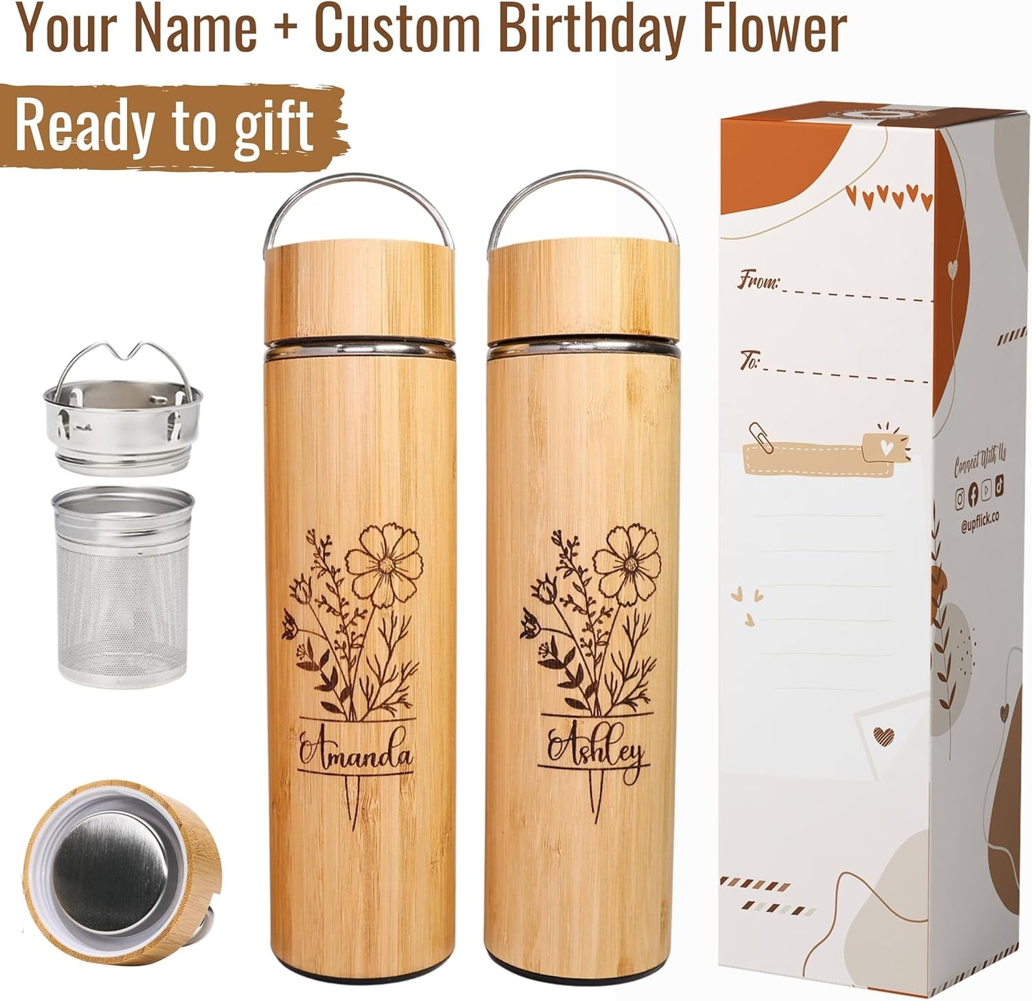 Bamboo Water Bottle Insulated Tea Tumbler for Men Birthday Gift, Women Travel Tea Set with Diffuser for Loose Tea Leaves, Stainless Steel Leak Proof Gift for Mom (15 oz)