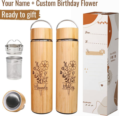 Bamboo Water Bottle Insulated Tea Tumbler for Men Birthday Gift, Women Travel Tea Set with Diffuser for Loose Tea Leaves, Stainless Steel Leak Proof Gift for Mom (15 oz)