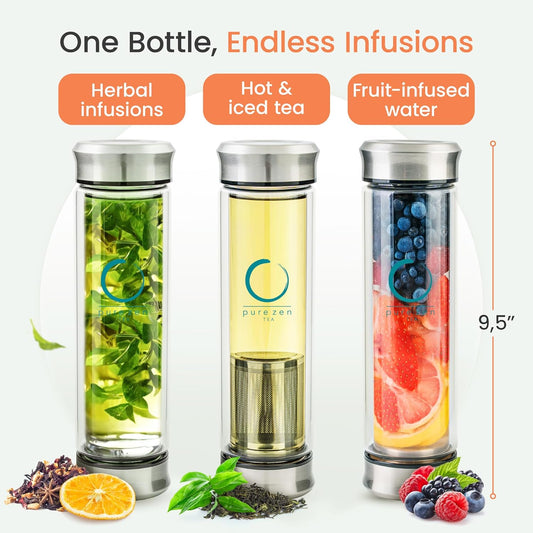 Pure Zen Tea Infuser Bottle - Double Wall Glass Travel Mug with Stainless Steel Filter - Leakproof Tea Tumbler with Infuser for Loose Leaf Infusions and Fruit Infused Water - Unique Gift Set - 13 oz