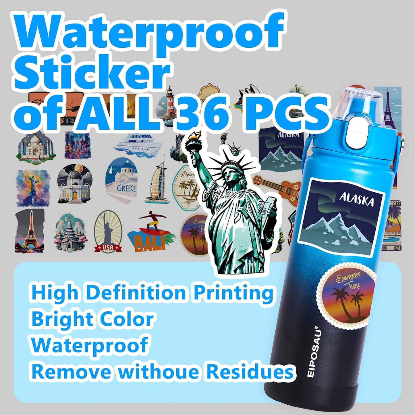 Insulated Water Bottle with Lid & Boot & Stickers, 24 oz Stainless Steel Sweat Free Bottle Keep Cold 24H, BPA-Free Sports Wide Mouth Water Bottle, BlueBlack