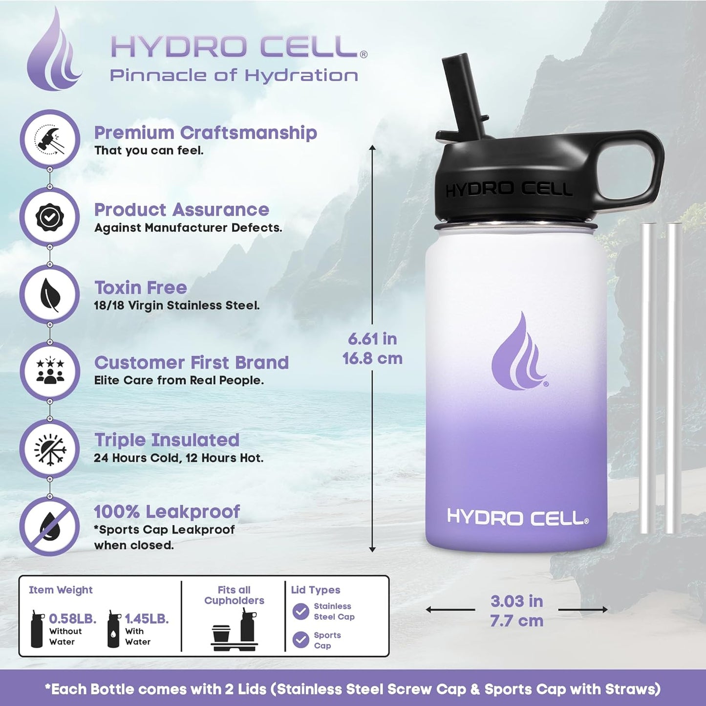 HYDRO CELL Stainless Steel Insulated Water Bottle with Straw - For Cold & Hot Drinks - Metal Vacuum Flask with Screw Cap and Modern Leakproof Sport Thermos for Adults (Neon 18oz)
