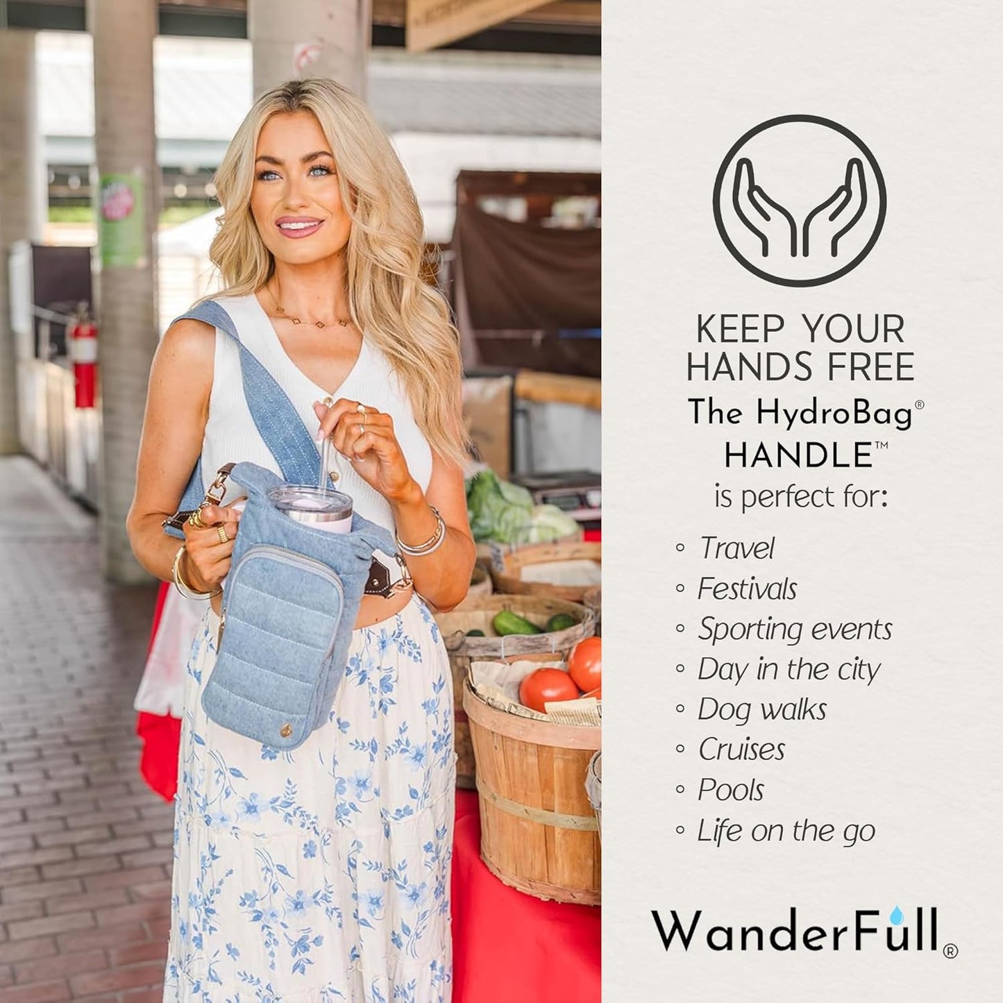 WanderFull Original HydroBag Handle® Zipper Slot for Handle, Hands-Free Crossbody Water Bottle Holder & Tumbler Accessories