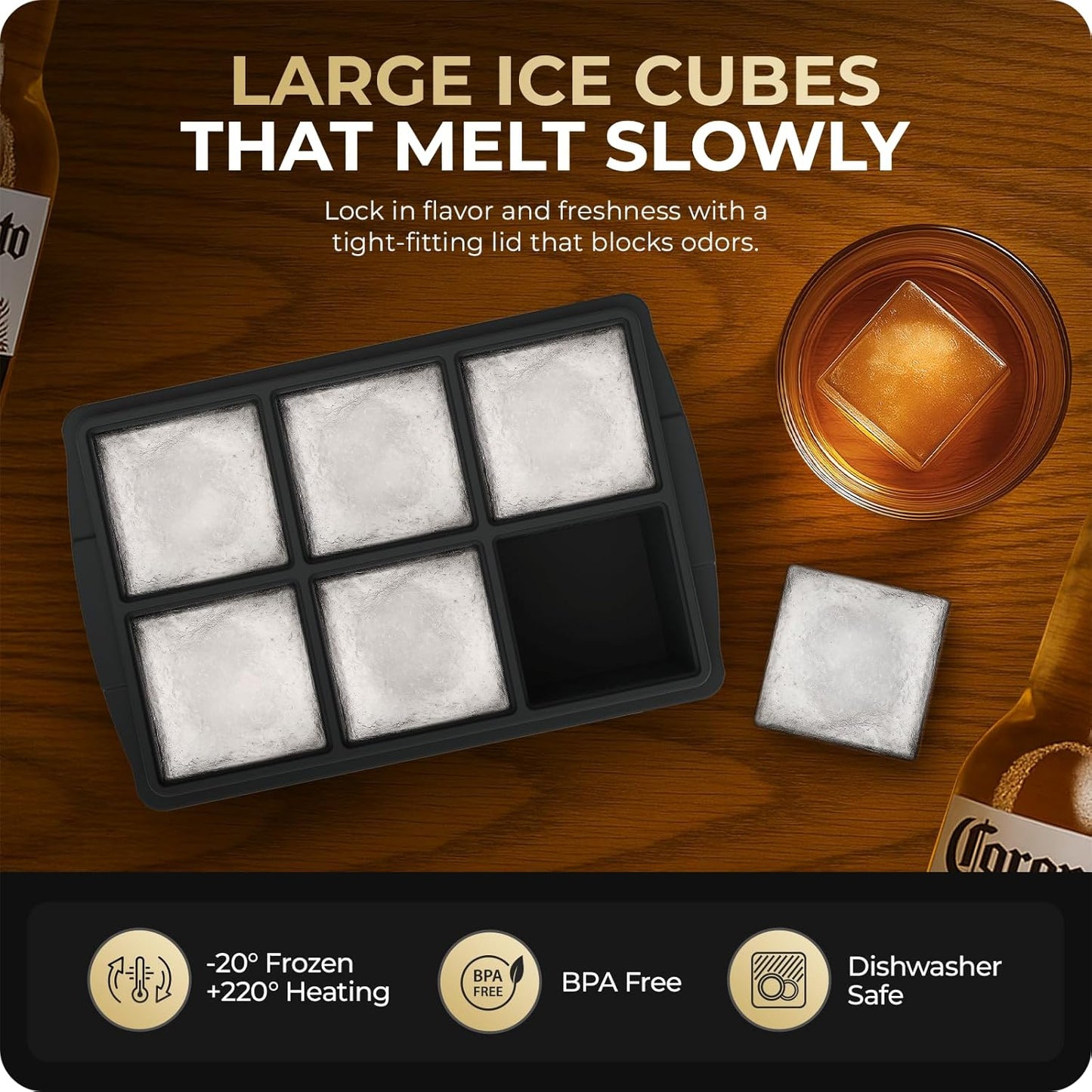 Large Ice Cube Trays for Whiskey, Silicone Ice Cube Tray, with Reinforced Steel Ring Top, Makes 12 perfect 2-in ice cubes, Square Ice Tray for Cocktails, Whiskey, Coffee. (2 Pack)