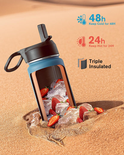 Half Gallon Water Bottle Insulated with Straw & 3 Lids, Coolflask 64 oz Water Jug Large Metal Stainless Steel Wide Mouth for Sports, Gym or Office, Non-BPA Keep Cold 48H Hot 24H, Samurai Cyan