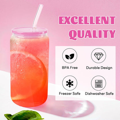 Joyclub 8pcs 16 oz Glass Cups with Acrylic Lids and Straws Can Shaped Iced Coffee Glasses Cute Tumbler Set Drinking Jars for Smoothie Soda Boba Beer Party Housewarming Gifts