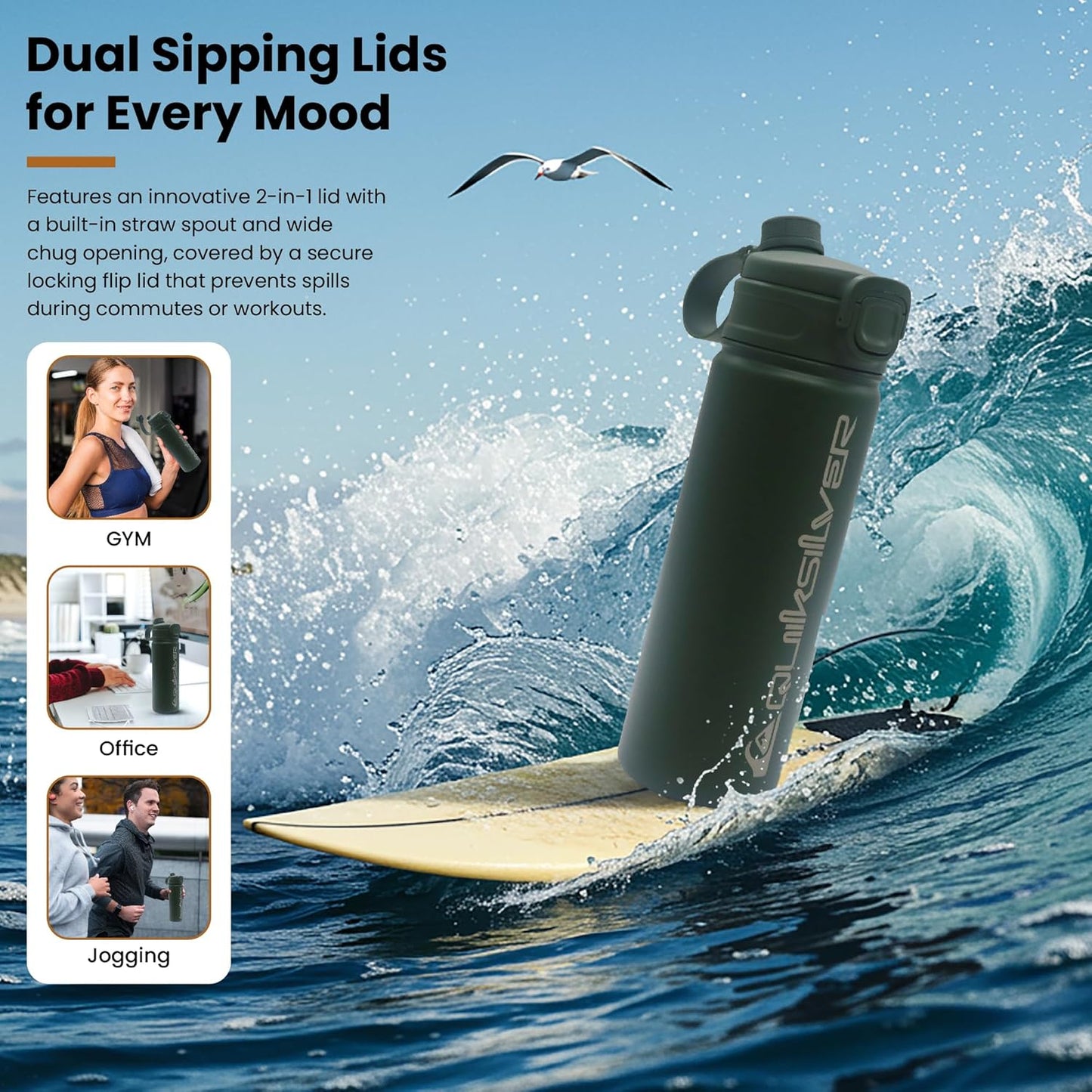 Quiksilver Laguna 32oz Tripple Wall Stainless Steel Water Bottle, Reusuable Sports Bottle with Leak-Proof Straw and Spout Lid, Non-Slip Rubber Base, Carrier Handle, 24H Hot & Cold Insulated Tumbler