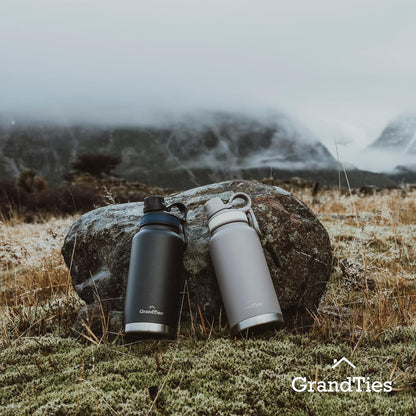 GRANDTIES 2 Lids Sports Stainless Steel Water Bottles – Wide Mouth Vacuum Insulated Reusable Leak Proof BPA-Free Travel Metal Canteen, Thermal Bottles for Men Women Gym (Ivory White 32 oz)