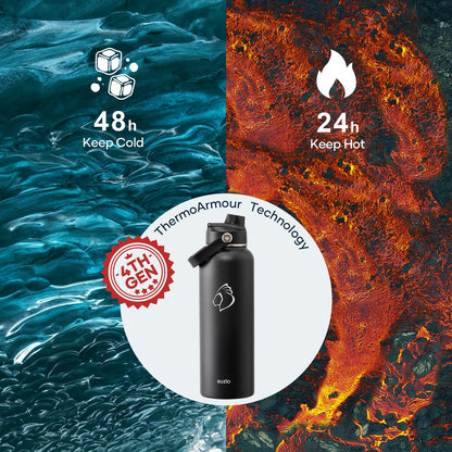BUZIO 40oz Insulated Water Bottle, Triple Wall Vacuum Stainless Steel Water Flask with 2 lids, Lead-Free BPA-Free Straw Lid Sports Canteen Jug, Cold 48H & Hot 24H- Black - Colors A