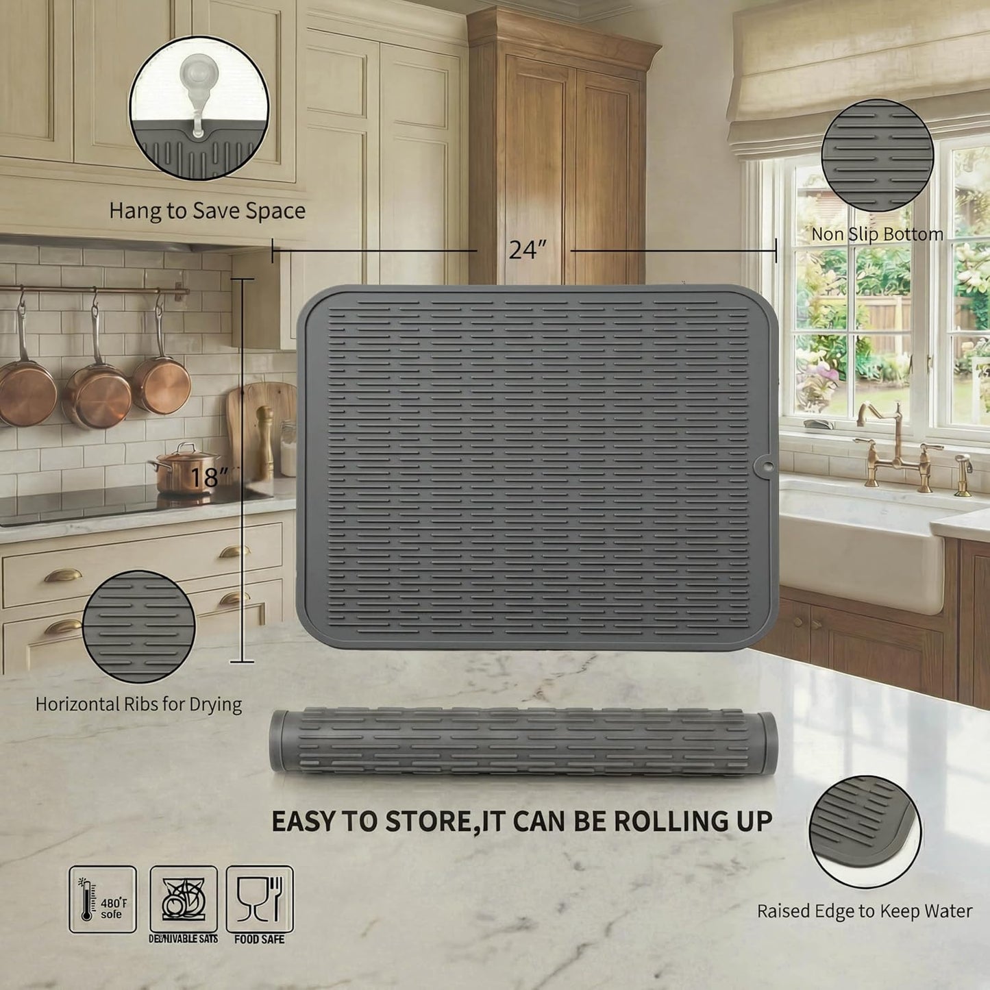 MicoYang Silicone Dish Drying Mat for Multiple Usage,Easy clean,Eco-friendly,Heat-resistant Silicone Mat for Kitchen Counter,Sink,Bar,Bottle,or Cup Green M 17 inches x 6 inches