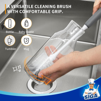MR.SIGA Long Handle Bottle Brush, Flexible Scrub Brush for Water Bottles, Glasswares, Mugs, Black, 2 Pack