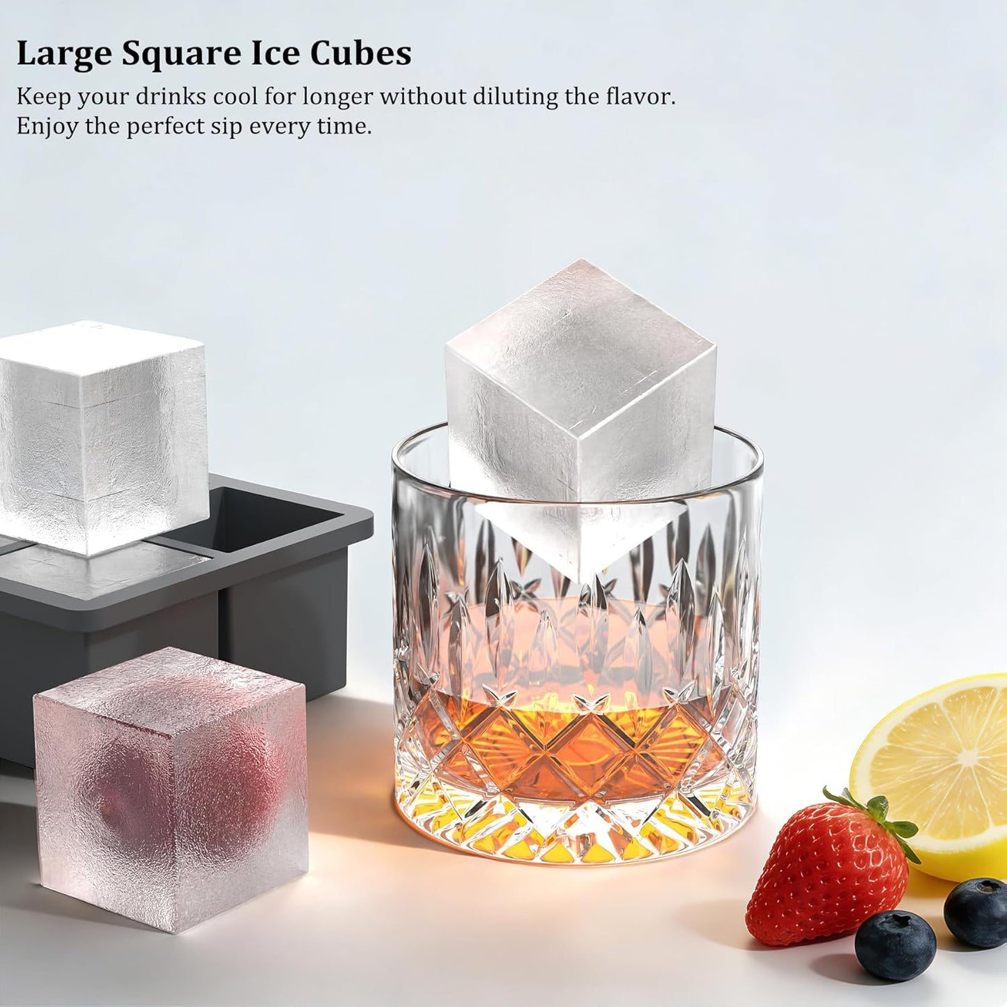 Bangp Large Ice Cube Tray for Whiskey,2 Pack Stackable Big Ice Cube Molds Make 16 Big Whiskey Ice Cubes,Easy Release Square Ice Cube Maker for Cocktails,Whiskey,Soups and Frozen Treats