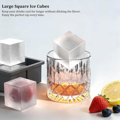 Bangp Large Ice Cube Tray for Whiskey,2 Pack Stackable Big Ice Cube Molds Make 16 Big Whiskey Ice Cubes,Easy Release Square Ice Cube Maker for Cocktails,Whiskey,Soups and Frozen Treats