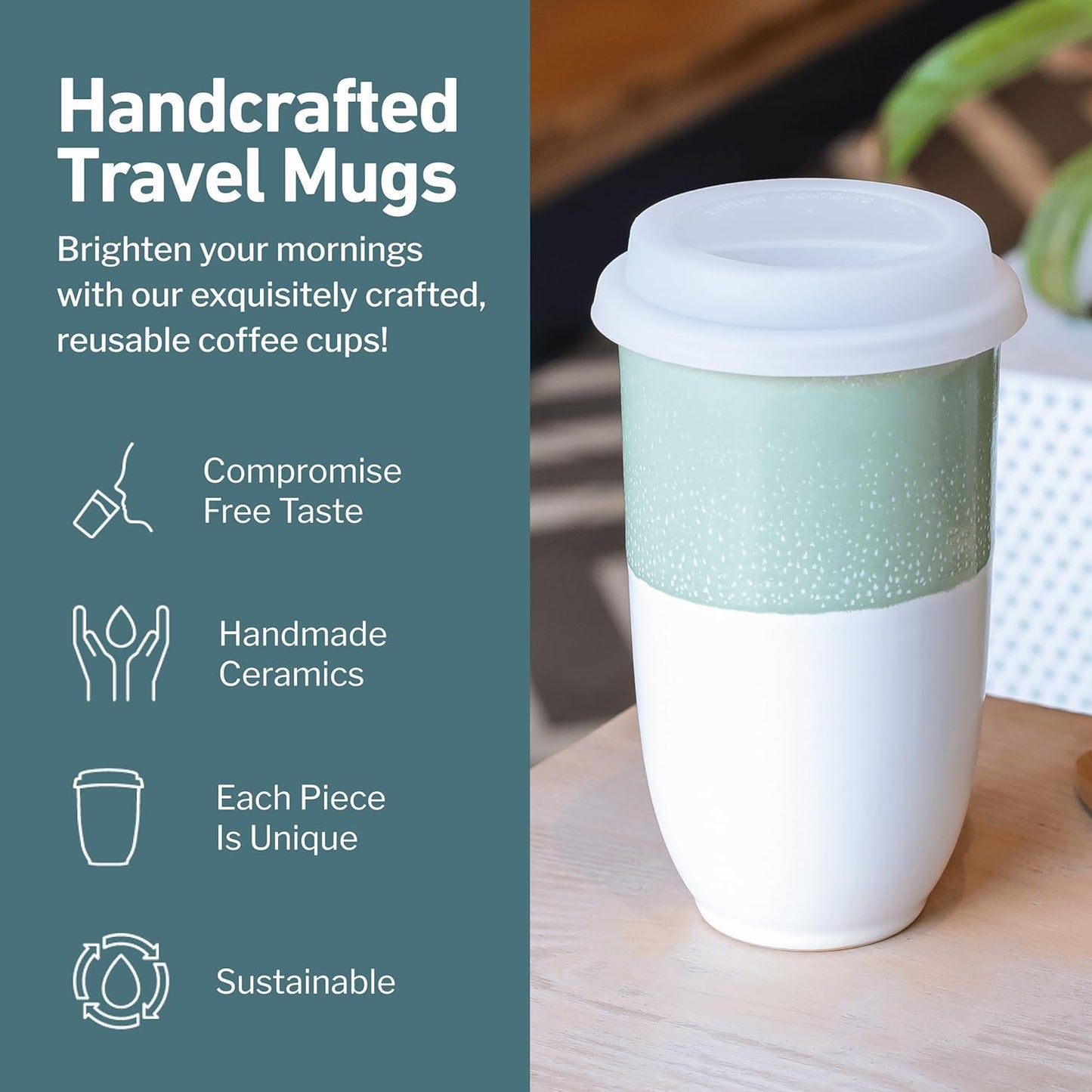 NOVA CERAMICS Coffee Tumbler – Travel Mug - On the Go Coffee Mug – Microwave & Dishwasher Safe Green Coffee Tumbler - Gifts For Women Men Him Her – 16oz – Monsoon