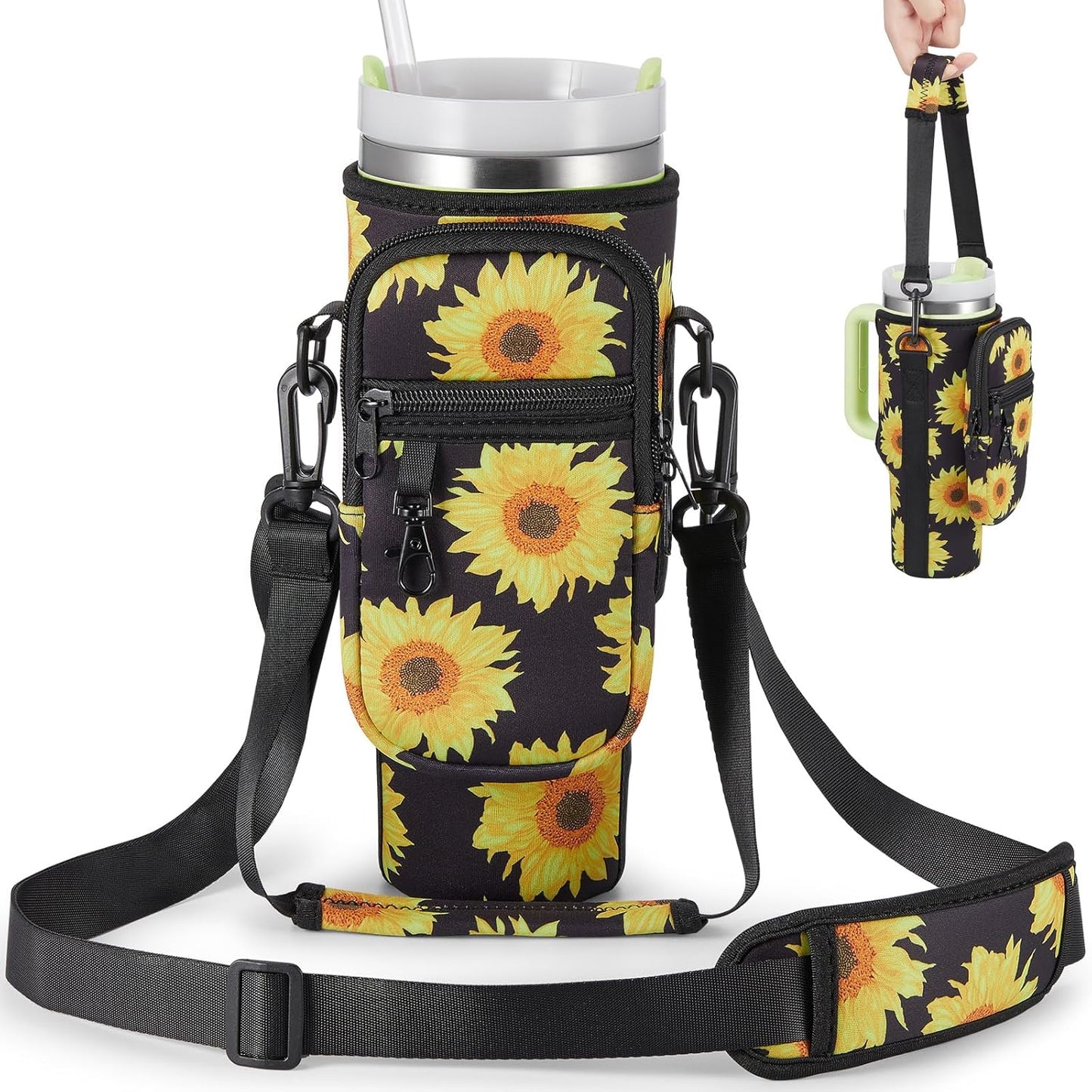 BULKITEM Water Bottle Carrier Bag with Phone Pocket for Stanley 40 & 30 oz Tumbler with Handle,Pink Insulated Neoprene Cup Holder Pouch w/Adjustable Strap for Quencher H2.0 Stanley Cup Accessories