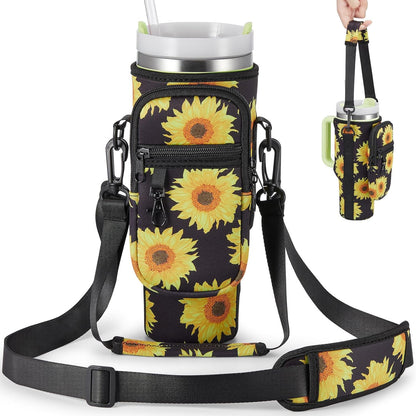 BULKITEM Water Bottle Carrier Bag with Phone Pocket for Stanley 40 & 30 oz Tumbler with Handle,Pink Insulated Neoprene Cup Holder Pouch w/Adjustable Strap for Quencher H2.0 Stanley Cup Accessories