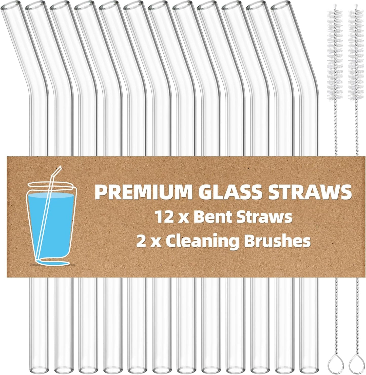 Antner 12 Pack Reusable Glass Straw, 8.5" x 10MM Bent Clear Glass Drinking Straws for Hot & Cold Drinks, 2 Cleaning Brushes Included
