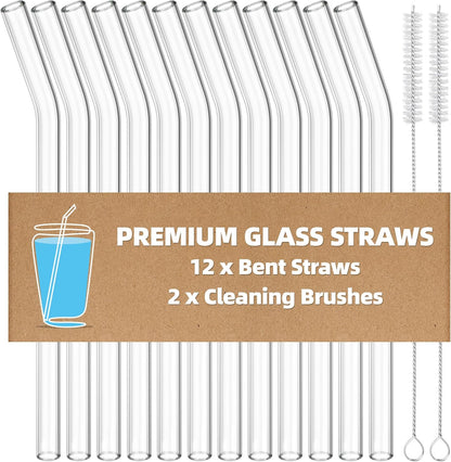 Antner 12 Pack Reusable Glass Straw, 8.5" x 10MM Bent Clear Glass Drinking Straws for Hot & Cold Drinks, 2 Cleaning Brushes Included
