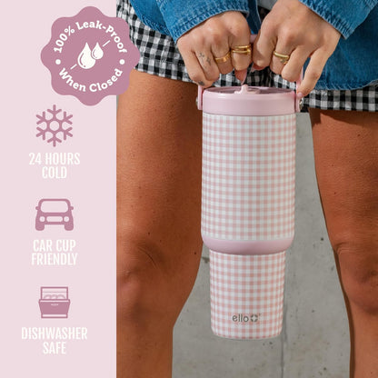 Ello Oasis Go+ 26oz Tumbler with Top Handle and Retracting Straw | Reusable Insulated Stainless Steel Cup, 100% Leakproof Water Bottle, 24 Hours Cold, Cup Holder Friendly For Travel | Wild Rasberry