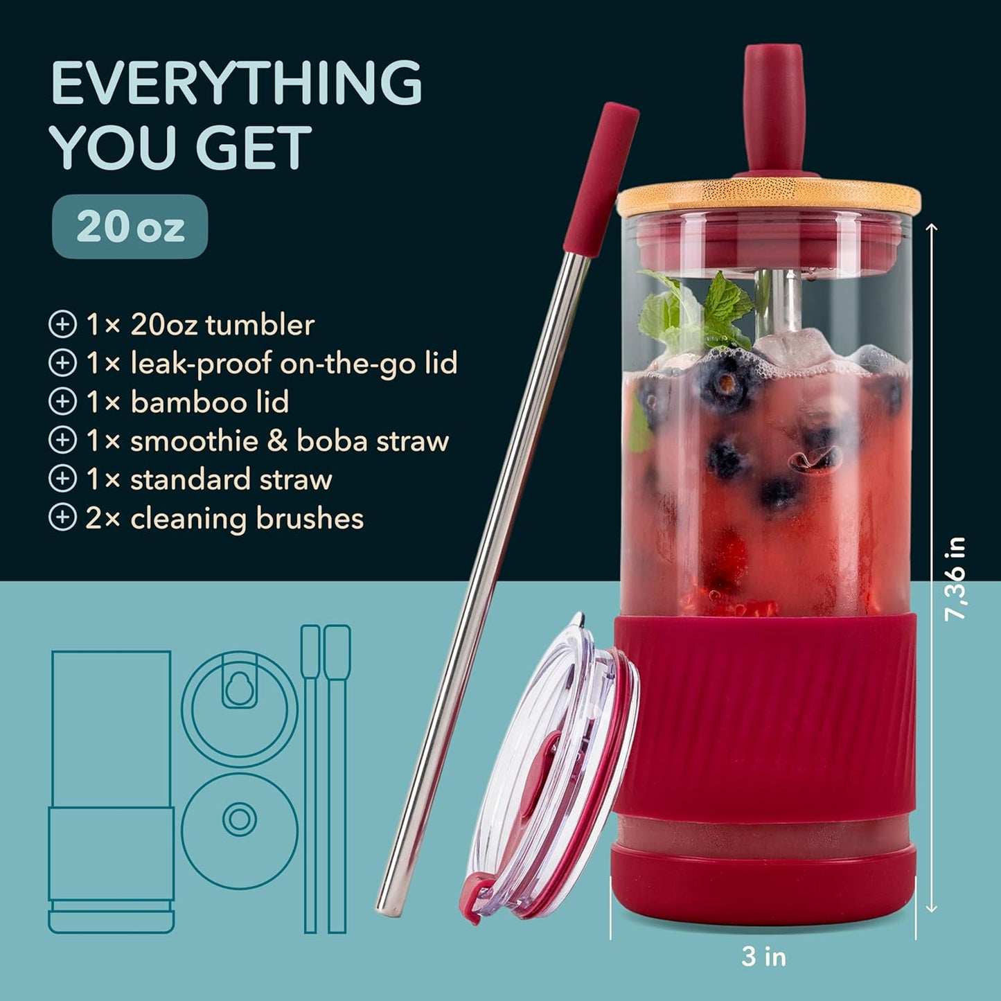 Pandaloo® Glass Cups With Lids and Straws -20 Fl Oz- Perfect Size Iced Coffee Cup - Smoothie Cup With Bamboo Lid and On the go Lid - Glass Tumbler With Straw (1 Count (Pack of 1), Lilac Rhapsody)