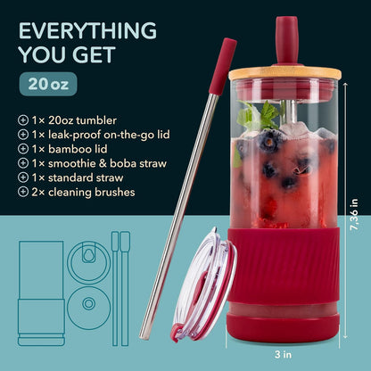 Pandaloo® Glass Cups With Lids and Straws -20 Fl Oz- Perfect Size Iced Coffee Cup - Smoothie Cup With Bamboo Lid and On the go Lid - Glass Tumbler With Straw (1 Count (Pack of 1), Lilac Rhapsody)