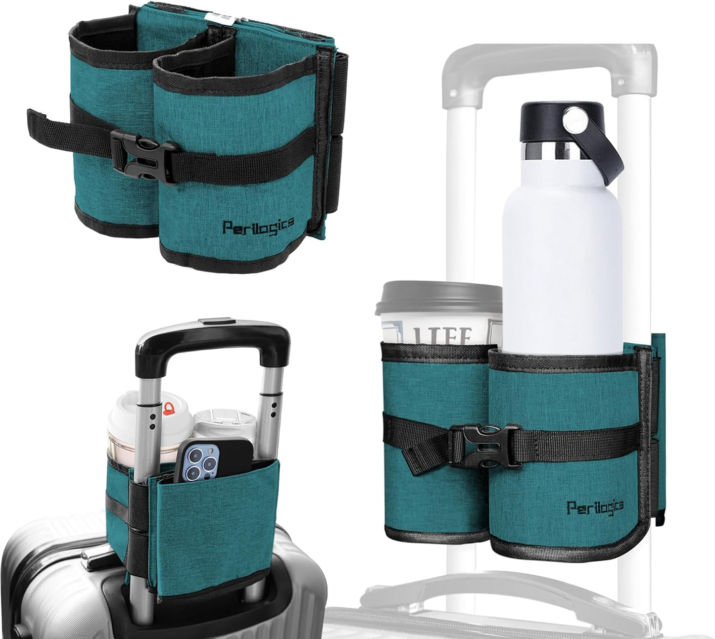 Perilogics Luggage Travel Cup Holder Hands Free Drink Caddy for Suitcase Handle. Perfect Airplane Travel Essential Accessory Gift for Frequent Traveler, Flight Attendant or with Children (Dark Gray)