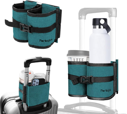 Perilogics Luggage Travel Cup Holder Hands Free Drink Caddy for Suitcase Handle. Perfect Airplane Travel Essential Accessory Gift for Frequent Traveler, Flight Attendant or with Children (Dark Gray)
