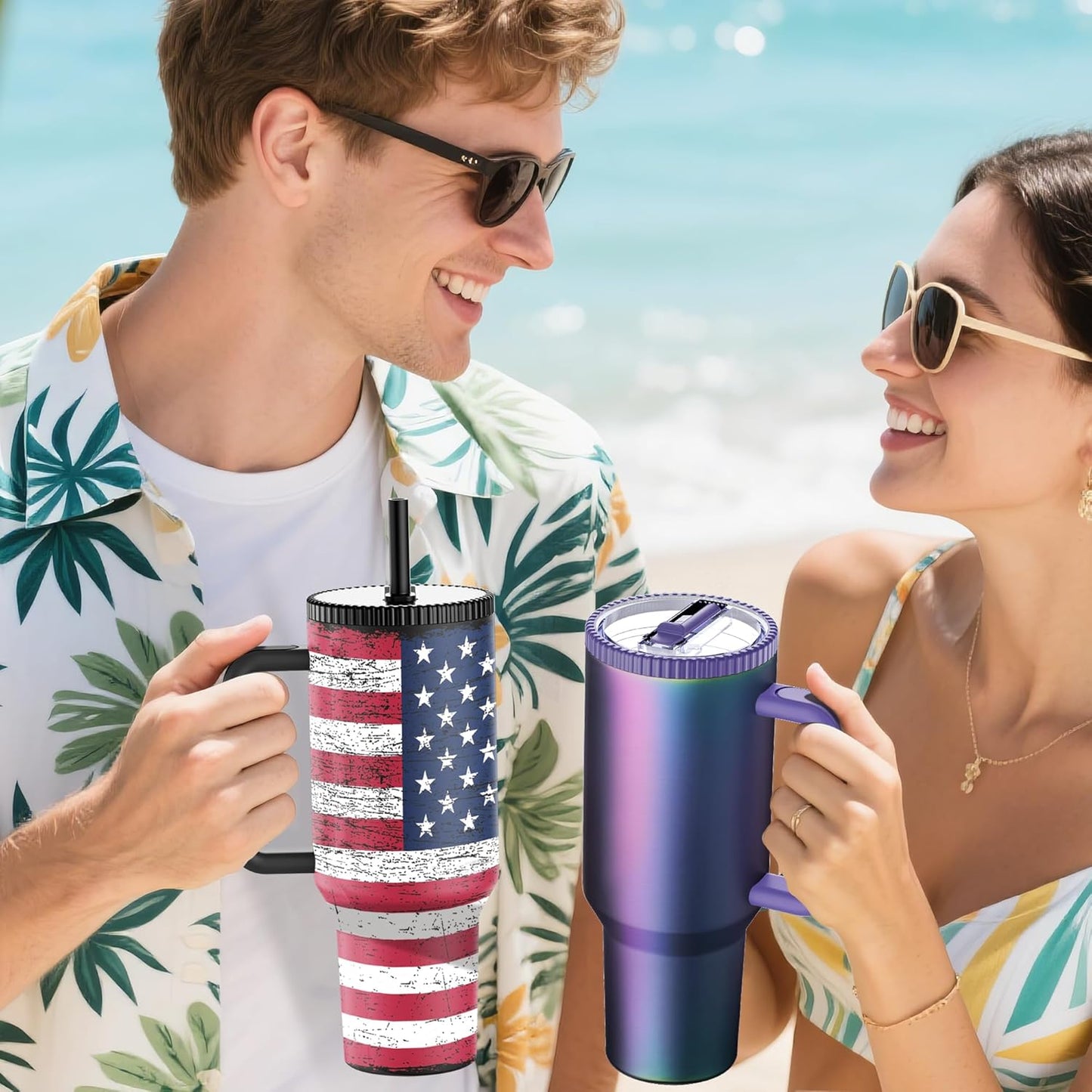 Greatyos 40 oz Tumbler with Handle and Flip Straw Lid - Upgraded Traveler 40oz Tumblers with Lids Straws Vacuum Insulated Leak Proof Stainless Steel Cup Mug Gifts for Men Women Him Her (Ocean Dream)