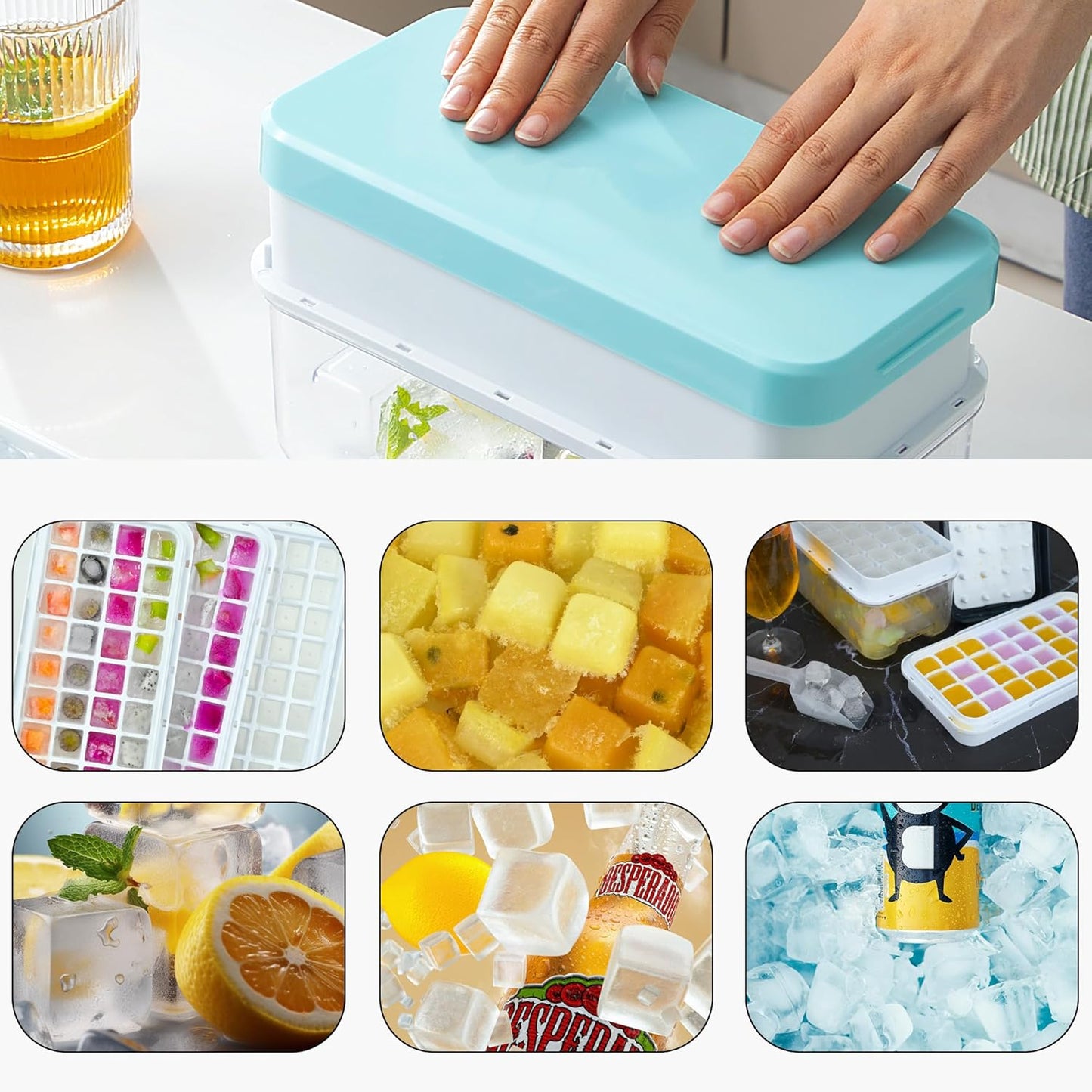 Ice Trays for Freezer with Lid & Bin, Ice Cube Tray Making 64 pcs Ice Cubes, Easy Press to Release Ice, Ice Tray with Storage Bin Chilling Cocktail Whiskey Coffee 2 Trays 1 Ice Bucket & Scoop (Black)