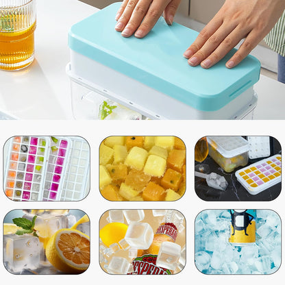 Ice Trays for Freezer with Lid & Bin, Ice Cube Tray Making 64 pcs Ice Cubes, Easy Press to Release Ice, Ice Tray with Storage Bin Chilling Cocktail Whiskey Coffee 2 Trays 1 Ice Bucket & Scoop (Black)