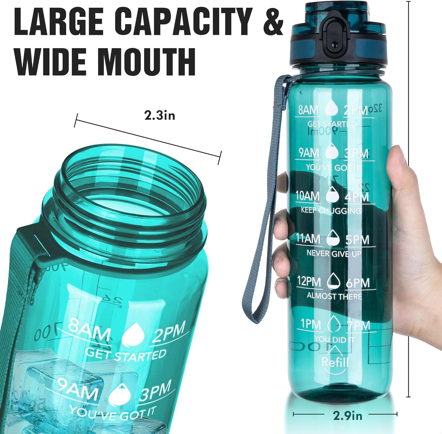 OLDLEY Water Bottle, 32oz Motivational Sports Water Bottle with Time Marker - Times to Drink - Tritan, BPA Free, Wide Mouth Leakproof, Clear (1 Bottle)
