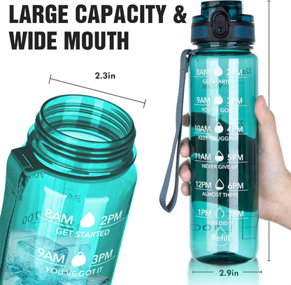 OLDLEY Water Bottle, 32oz Motivational Sports Water Bottle with Time Marker - Times to Drink - Tritan, BPA Free, Wide Mouth Leakproof, Clear (1 Bottle)