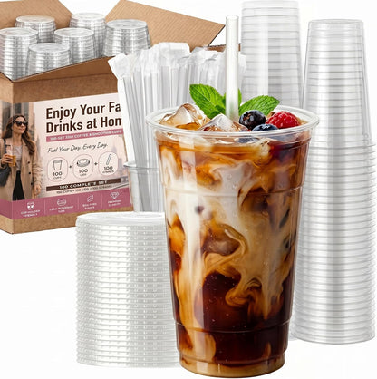 16 OZ Plastic Cups with Lids and Straws, 25 Clear Disposable Coffee Cups With Lids 16 OZ Disposable Cold Brew Cup for Parfait, Bubble Tea, Smoothies