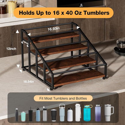 MOJOHAND 4-Tier Stanley Tumbler Organizer, Holds 16 Stanley 40 oz Tumblers & Water Bottles，Fits All Kinds of Bottles, Organizes Pantry, Kitchen, or as a Wine Rack