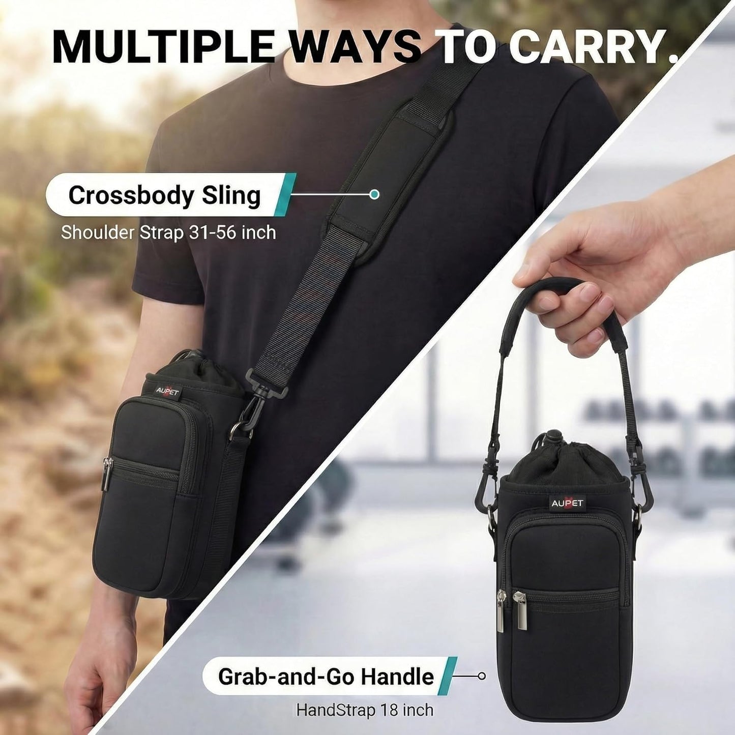 AUPET Water Bottle Sling Bag Sleeve Holder Carrier 25/32/40/64 oz,Insulated Crossbody Water Bottle Case Cover with Strap and Pockets for Men/Women Walking Hiking