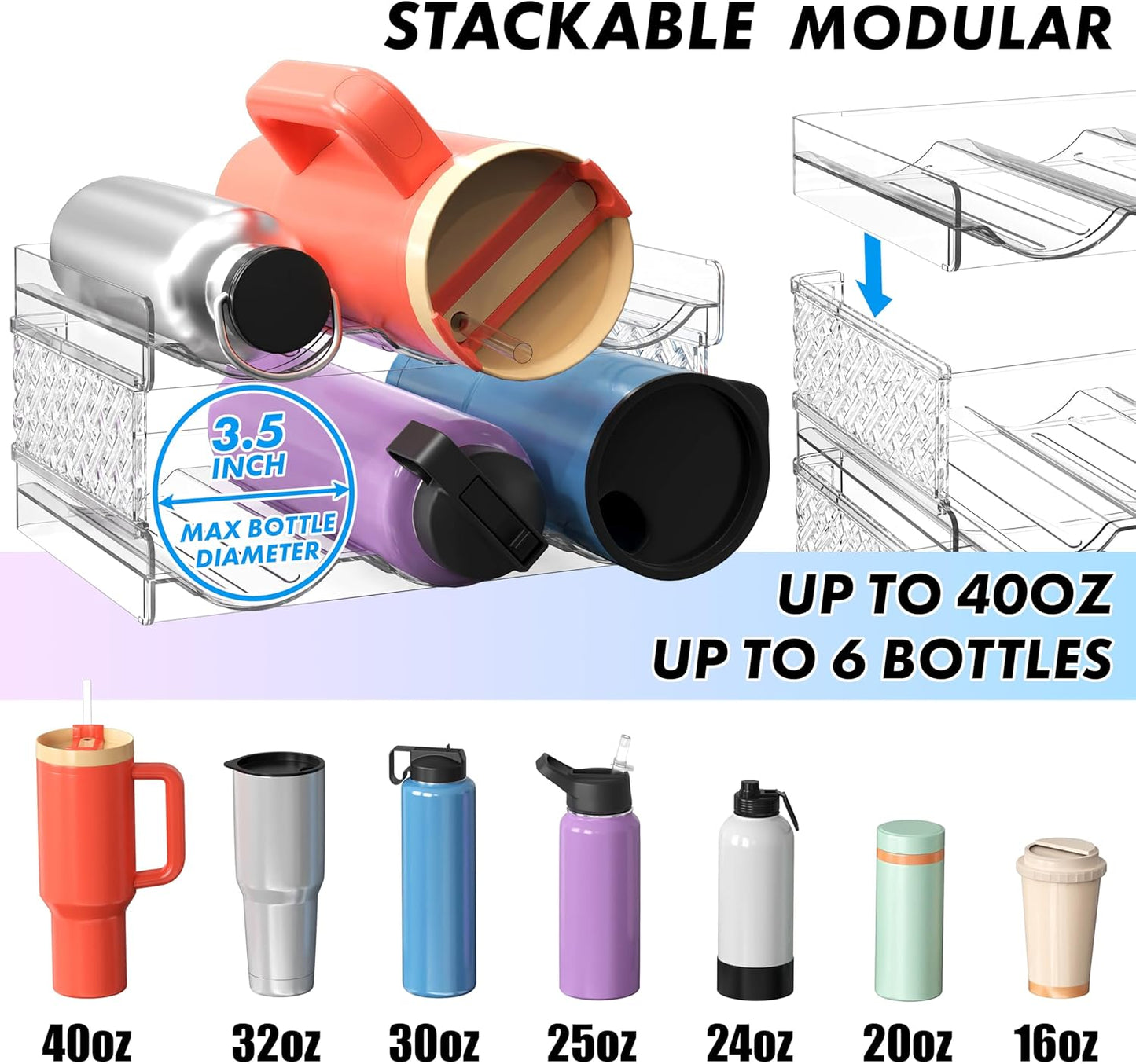 Simple Houseware 3-Tier Stackable Water Bottle Storage Organizer, Clear - Space Saving Bottle Holder for Kitchen, Pantry, and Refrigerator - Fits Stanley 40 oz Tumbler