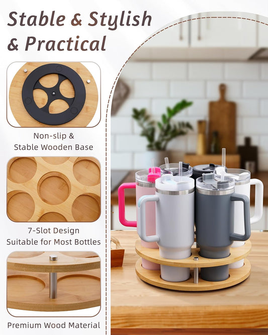Rotating Wood Tumbler Organizer, 30 oz 40 oz Spinning Turnable Tumblers Holder, 360° Rotatable 7 Large Cups Bottle Tumbler Storage Display Stand, Rotate Syrup Organizer for Cabinet Countertop