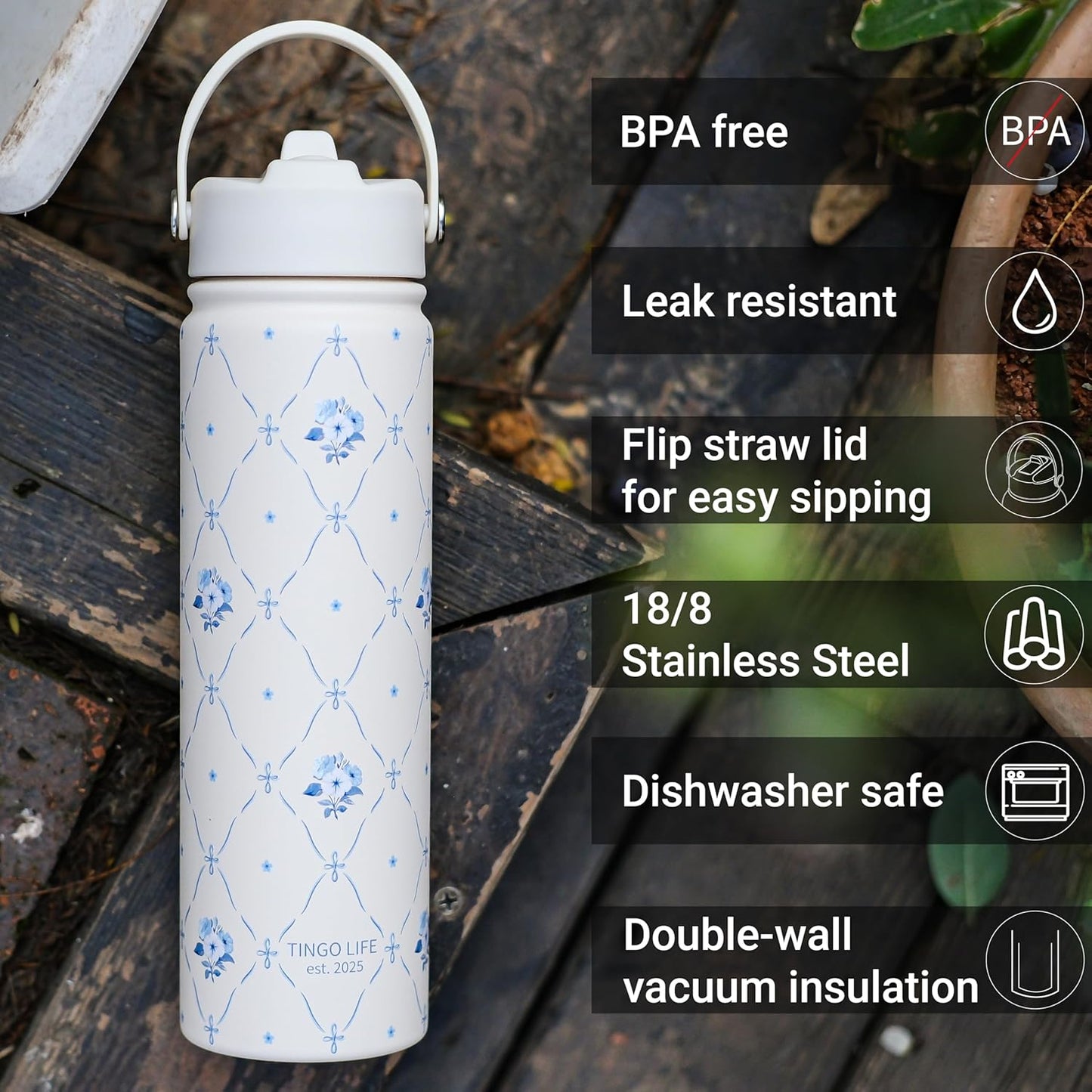 25oz Insulated Stainless Steel Aesthetic Cute Water Bottle - 2 Lids Included (Straw + Sport Handle), Leakproof BPA-Free, Dreamy Cream Cute Floral Design, Perfect Gym/Yoga/Office Companion