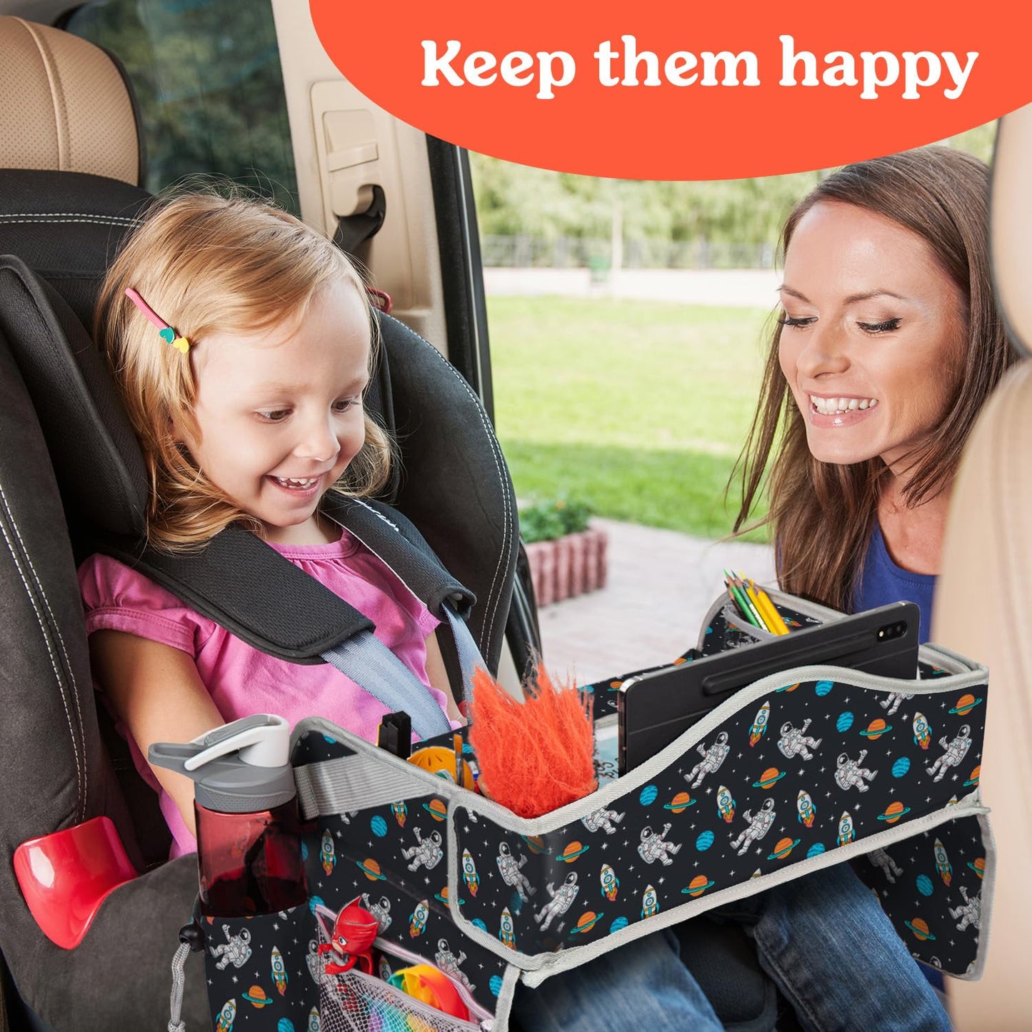 PILLANI Kids Travel Tray for Car - Car Seat Tray with Activity Sheets & Pens, Road Trip Essentials for Car & Airplane, Must Have Toddler Travel Lap Desk Accessories - Road Trip Activities for Kids