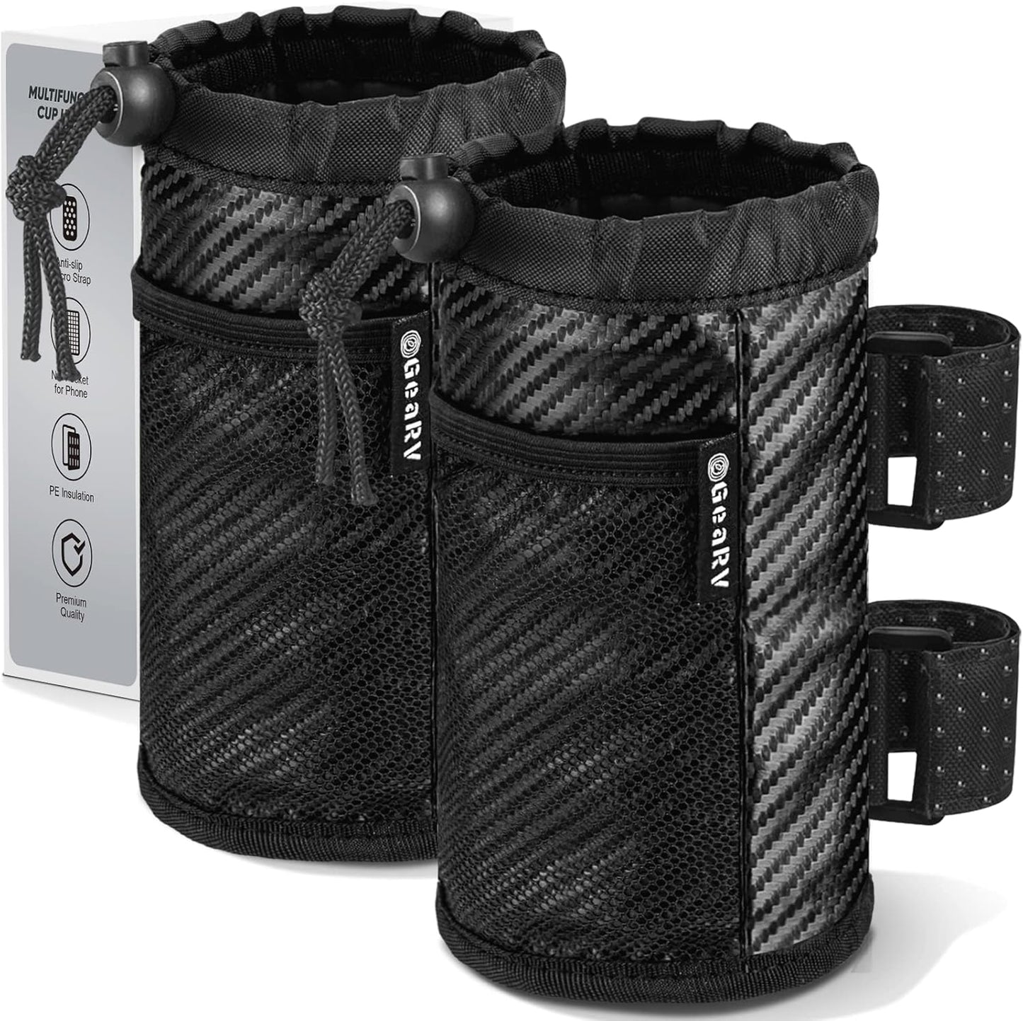 GEARV 2Pack Cup Holder for Bike, Scooter and Wheelchair, Water Bottle Holder for UTV/ATV, Walker, Golf Cart and Beach, Universal Drink Holder Accessories with Net Pocket and Cord Lock (Black)