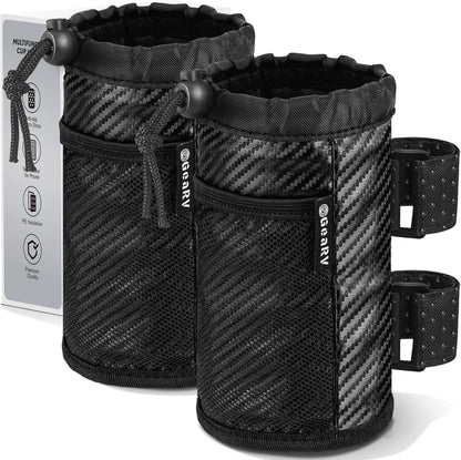 GEARV 2Pack Cup Holder for Bike, Scooter and Wheelchair, Water Bottle Holder for UTV/ATV, Walker, Golf Cart and Beach, Universal Drink Holder Accessories with Net Pocket and Cord Lock (Black)
