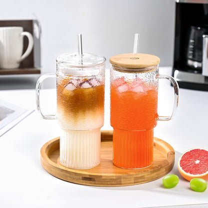 32oz Ribbed Borosilicate Glass Tumbler with Handle, Bamboo Lid and Straw, Iced Coffee Cup Modern Glass Mug for Hot/Cold Drinks, Smoothies, Tea, and Juice (Clear-1 Pack)