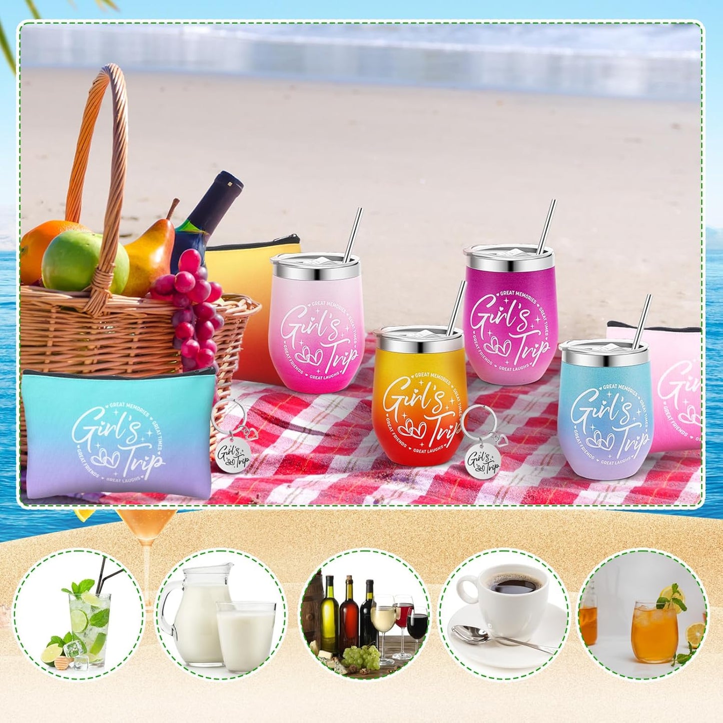 Ovveroche12 Pcs Girls Trip Gifts Set Include 4 Friends Wine Tumbler with Lid And Straw 12 Oz 4 Friends Cosmetic Bag 4 Keychains Bulk Friend Appreciation Gifts Set for Girls Weekend Bachelorette Travel