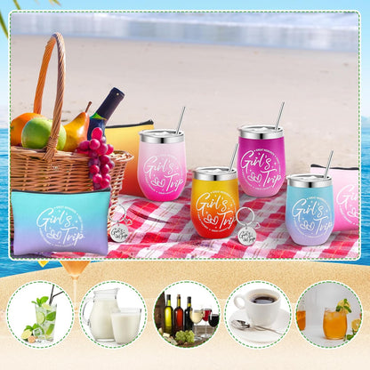 Ovveroche12 Pcs Girls Trip Gifts Set Include 4 Friends Wine Tumbler with Lid And Straw 12 Oz 4 Friends Cosmetic Bag 4 Keychains Bulk Friend Appreciation Gifts Set for Girls Weekend Bachelorette Travel