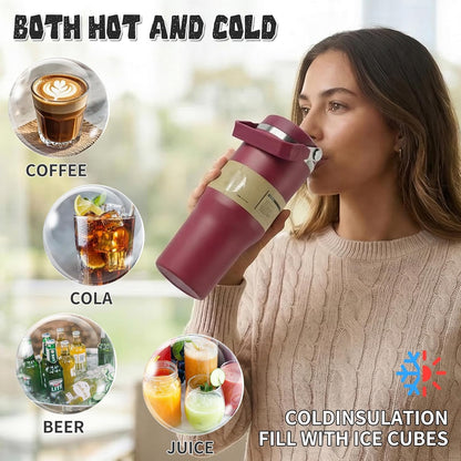 30oz Flip Straw Insulated Water Bottle with Handle, Leak Proof Stainless Steel Travel Tumbler With Lid, Double Wall Vacuum Iced Coffee Travel Mug, Sport Cup, Outside use
