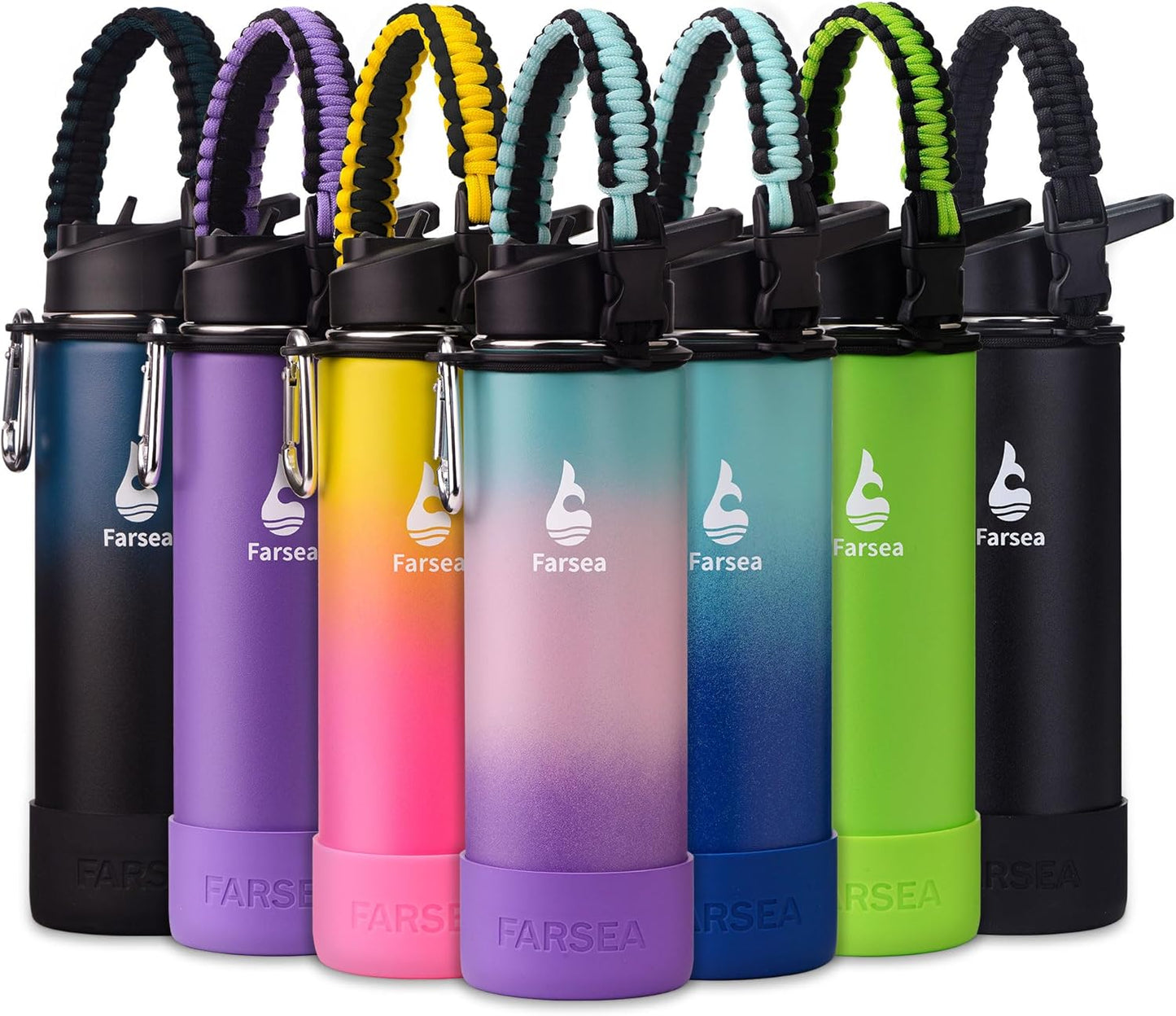 Farsea Insulated Water Bottle With Paracord Handle, Protective Silicone Boot and 2 Lids (Straw Lid & Spout Lid), Stainless Steel Water Bottle Wide Mouth, Double Wall Sweat-Proof BPA-Free, 24 oz