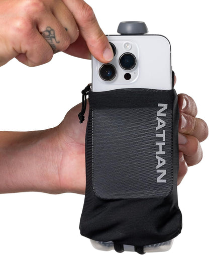 Nathan SpeedDraw 2 Insulated Handheld Running Water Bottle Flask 18oz – Double-Wall Insulation, Ergonomic Grip, Blast Valve Cap, Phone & Key Storage Pockets, Reflective Design