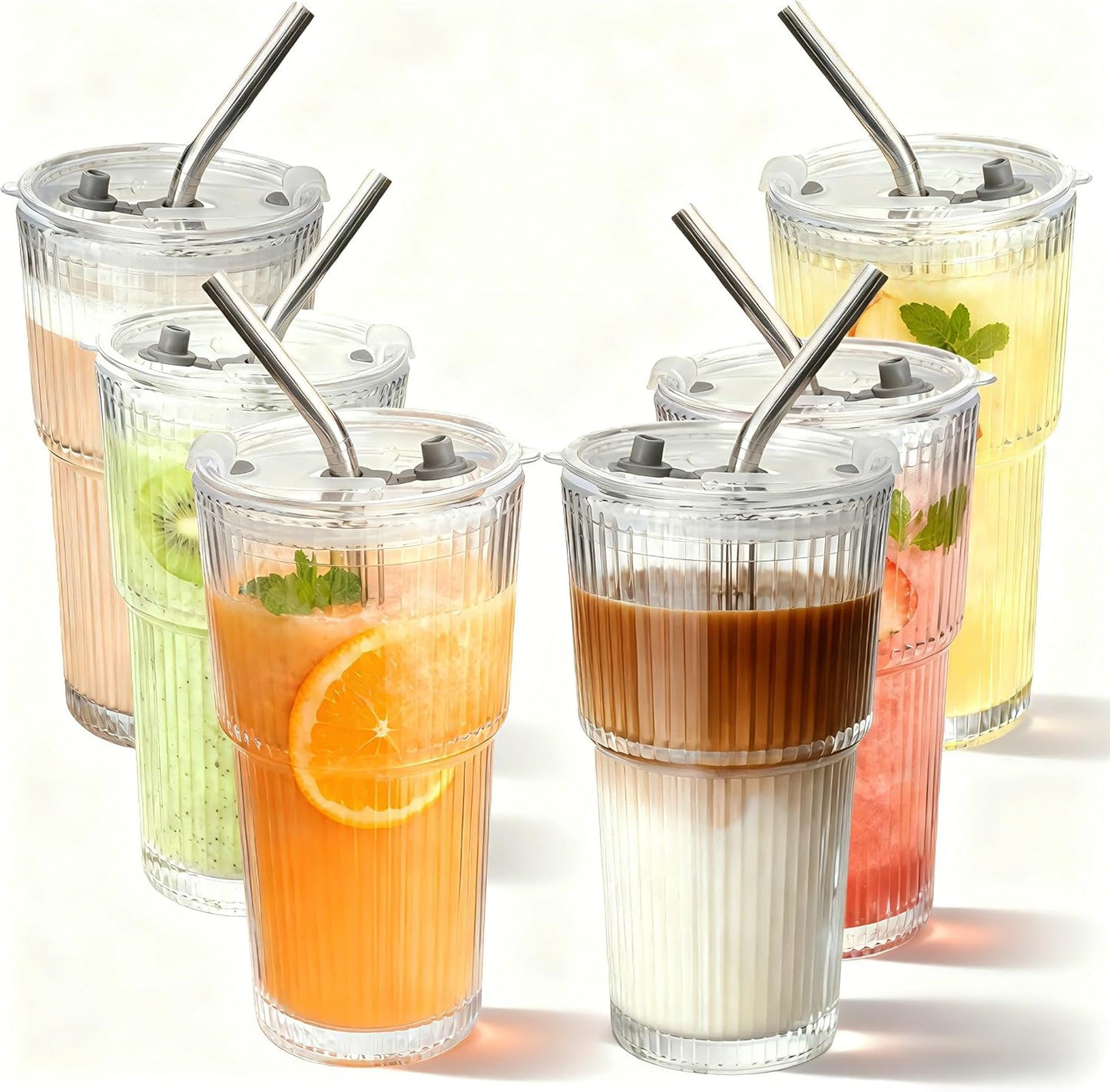 2 Packs Ribbed Glass Tumbler with Lid and Straw 16 oz Cute Ice Coffee Cup Set for Smoothie Juice Matcha Tea Latte Cappuccino Espresso Hot Coffe Water Reusable Clear Travel Mug Aesthetic Drinking Mug