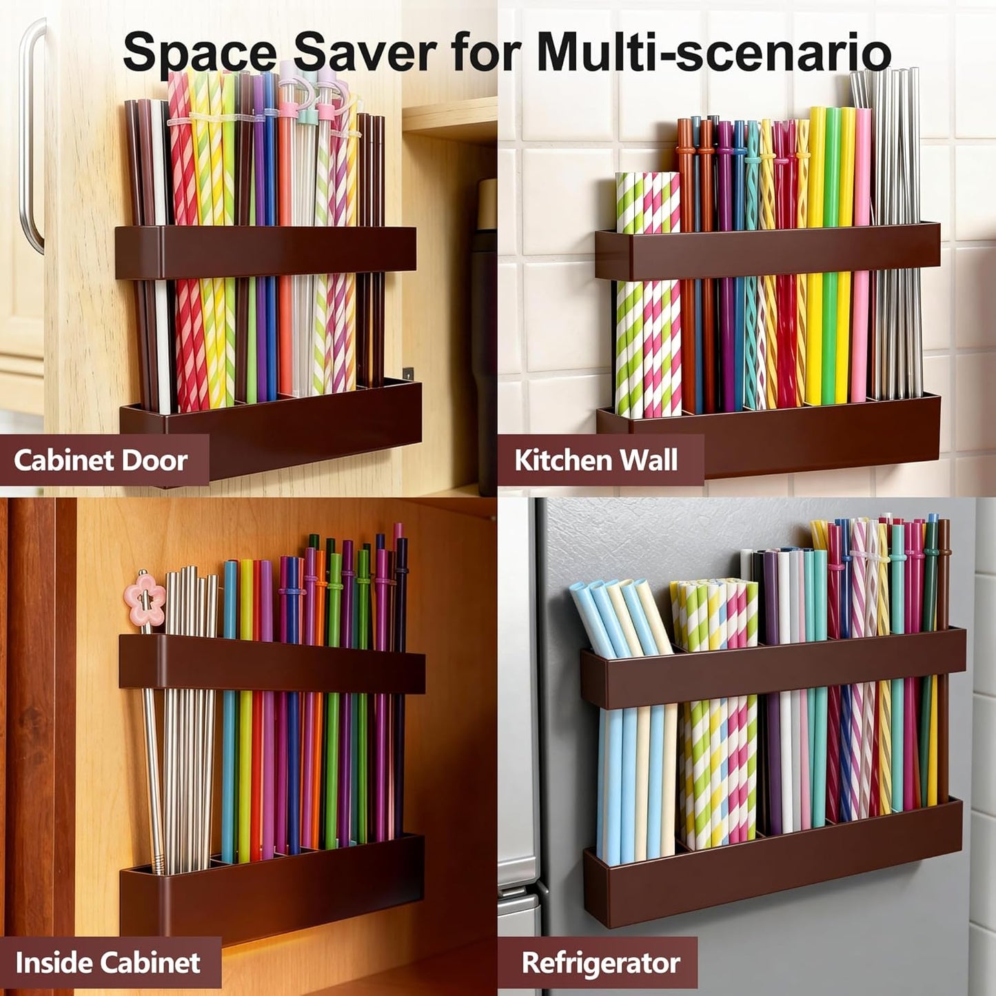 9.5” Large Acrylic Straw Holder for Cabinet Door, Reusable Adjustable Two-Part Straws Organizer with Ultra Sticky Adhesive Strips, 2026 Straw Storage for Kitchen Cupboard (Transparent)