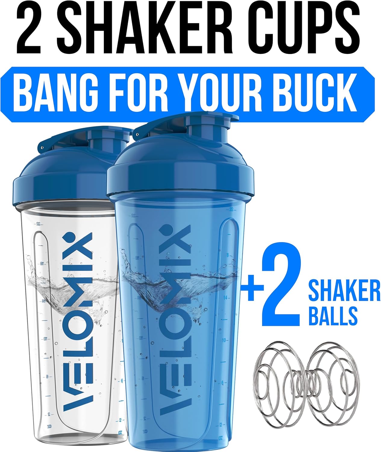 VELOMIX -2 Pack- 28 oz Protein Shaker Bottles for Protein Mixes - 2x Wire Whisk | Leak Proof Shaker Cups for Protein Shakes | Protein Shaker Bottle Pack (Black/Transparent)